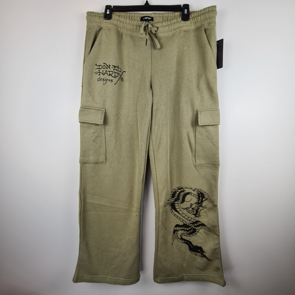 Ed‎ Hardy Dragon Dagger Cargo Sweatpants Women's XL Wide Leg Olive Retro Y2K